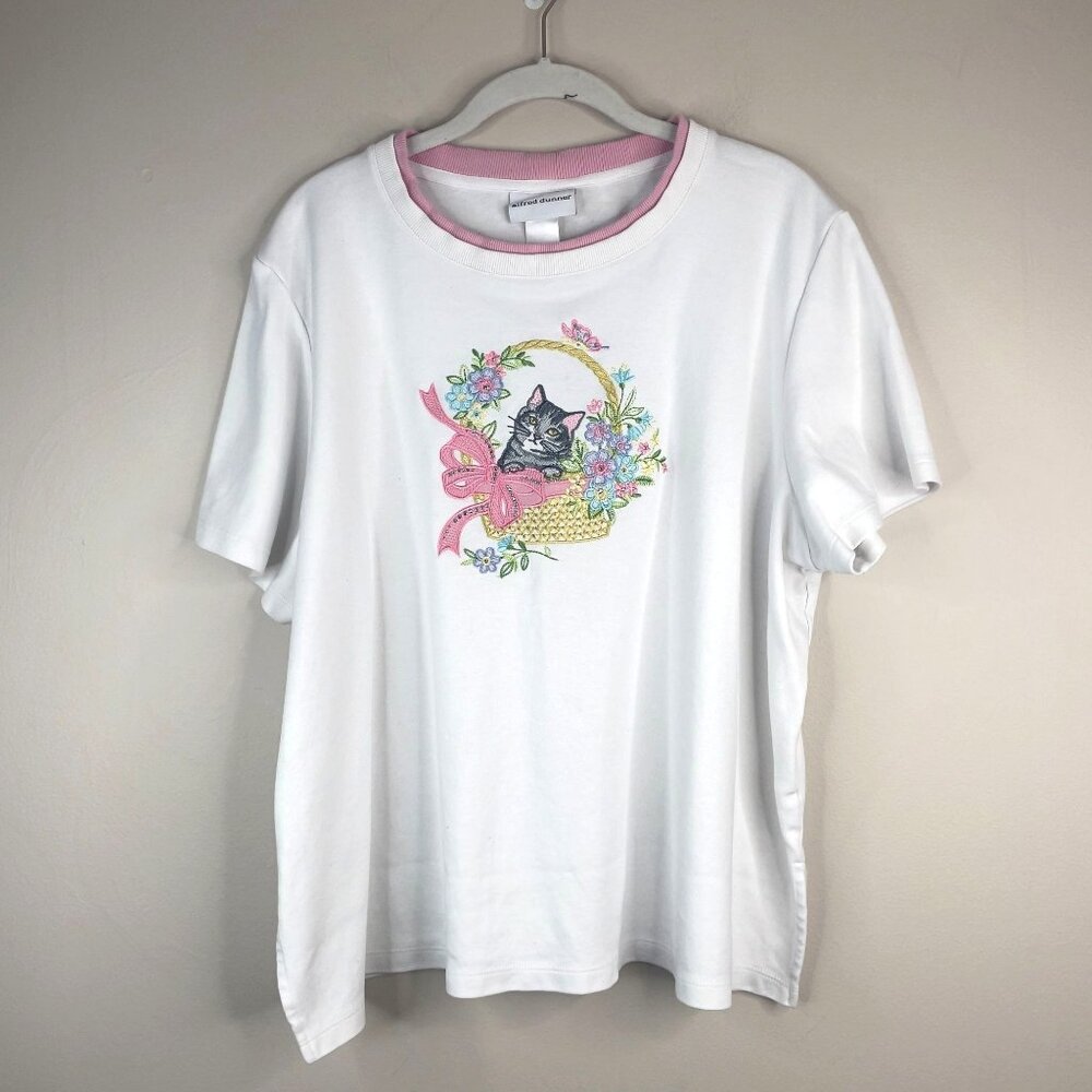Vintage Alfred Dunner Top‎ XLarge Embroidered CAT Grannycore Dainty Twee Kawaii